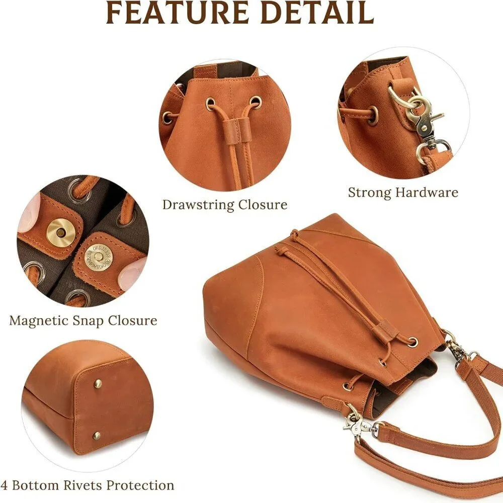 Leather Bucket Bag Women Drawstring Crossbody Shoulder Handbag Vintage Stylish